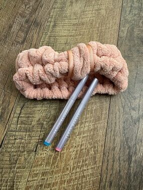 Fenty Beauty Peach Plush Hair Wrap with Pink & Blue Makeup Pens